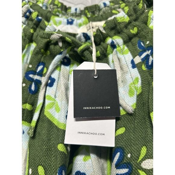 Innika Choo Dress 100% Linen Floral Dart Off Shoulder Mini Dress Boho Chic Green - Picture 9 of 13